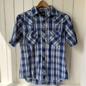 Wrangler Blue Plaid Short Sleeve Pearl Snap
